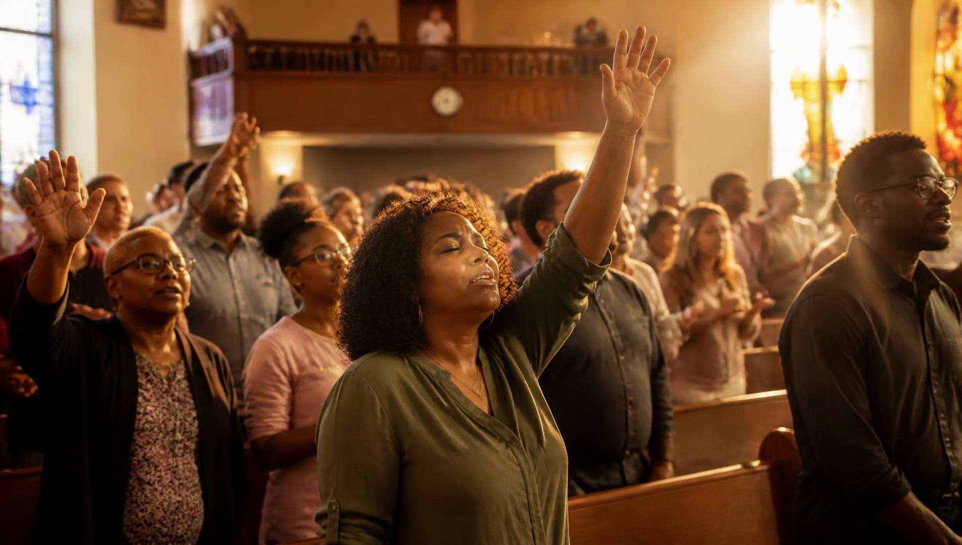 Congregation worshipping with raised hands at Spirit of Liberty Church of God
